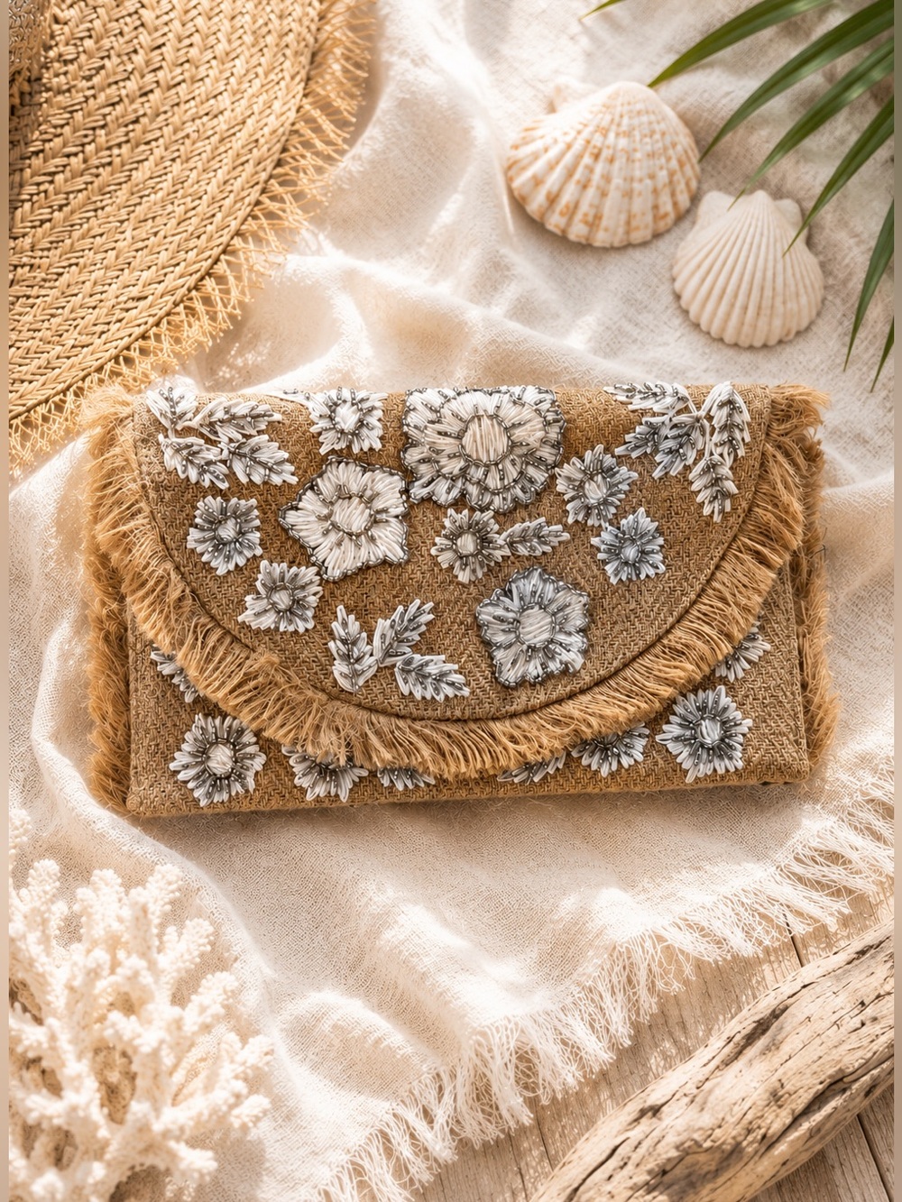 Coastal Boho Embellished Floral Burlap Fringe Clutch Bag